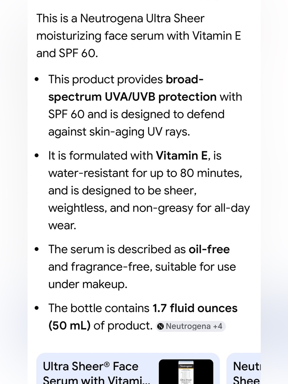 #2114**Neutrogena Ultra Sheer Face Serum Sunscreen/Broad Spectrum SPF 60. - Picture 4 of 16